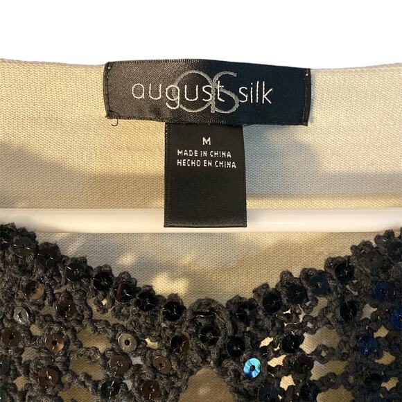 August Silk White Sweater Crochet Sequin Collar Womens Size Medium - Picture 6 of 8